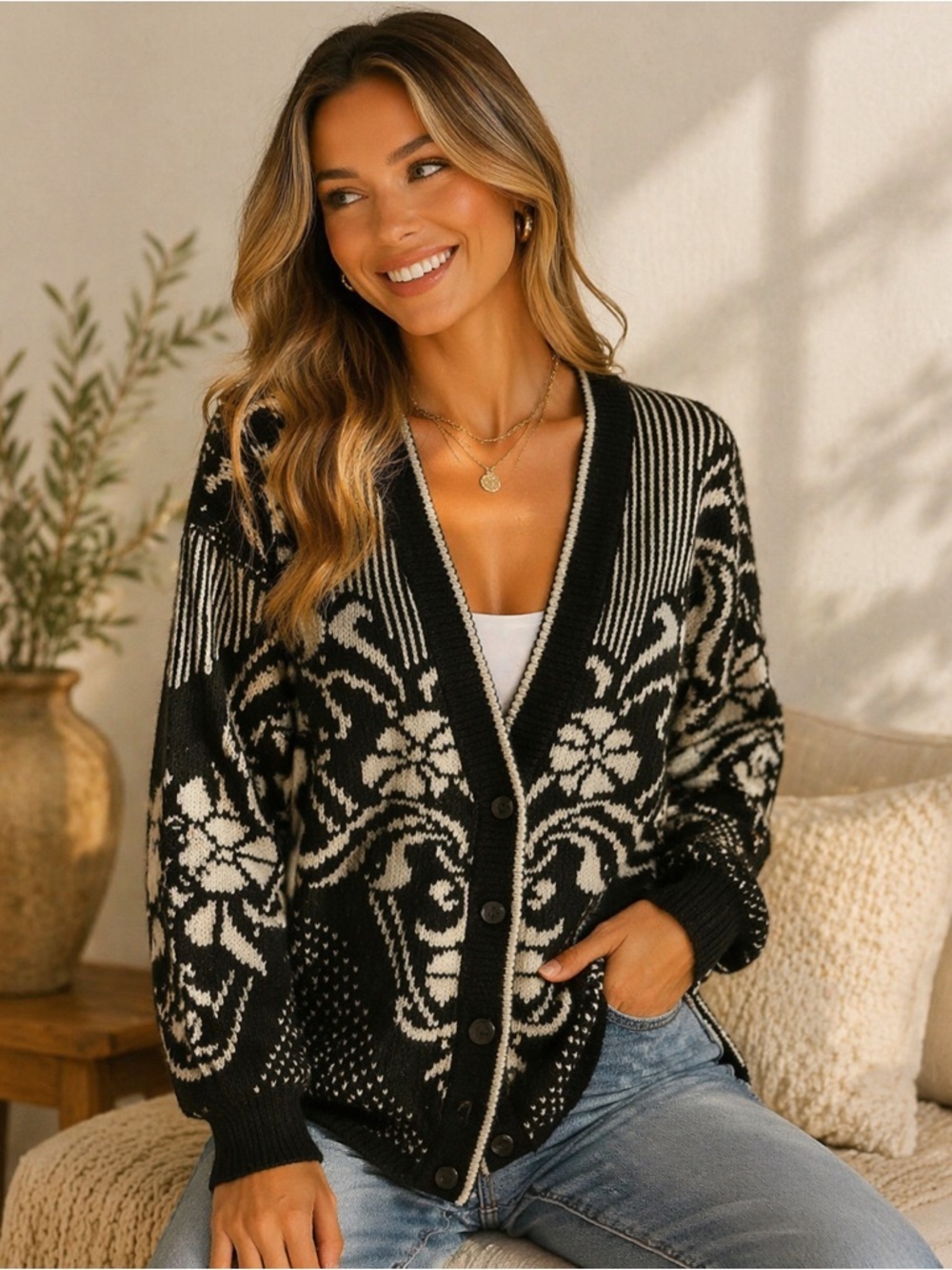 Barbra Sue Black and White Floral Design Women's Vintage Cardigan Size Large